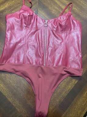 Guess Burgundy Faux Leather Corset Bodysuit with Silver Zipper